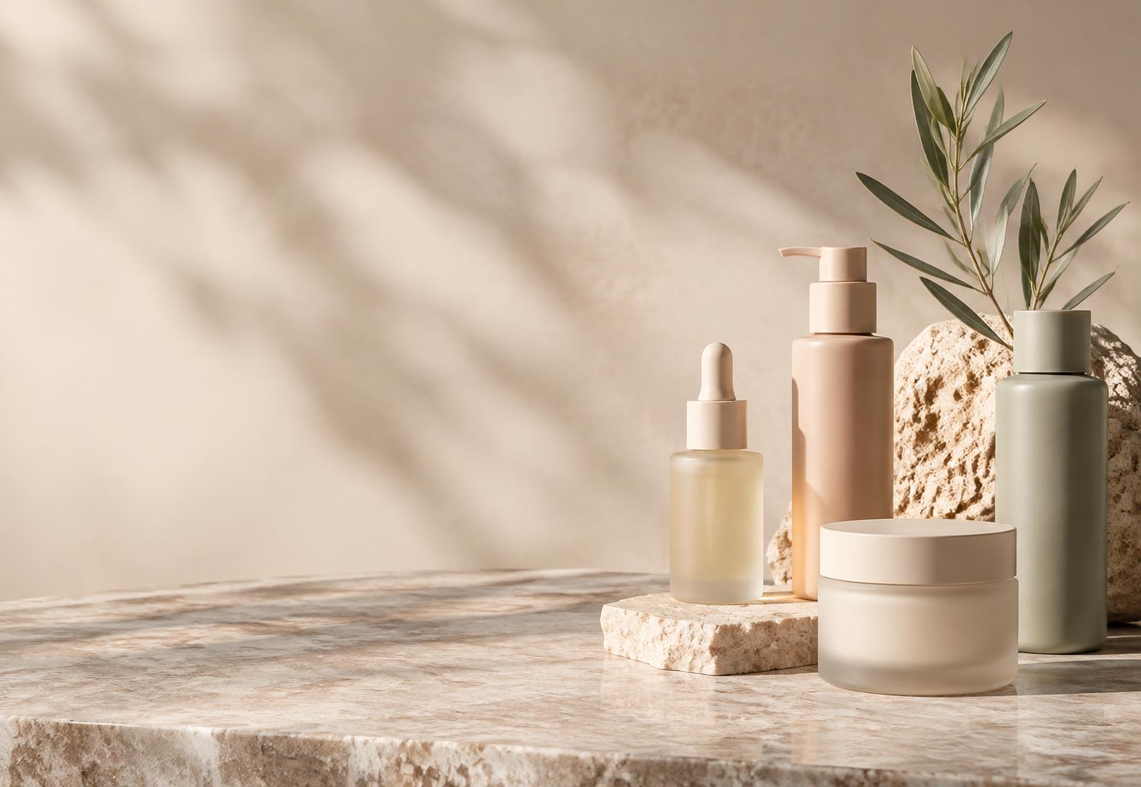 Assorted unbranded beauty bottles and jars arranged on a stone surface